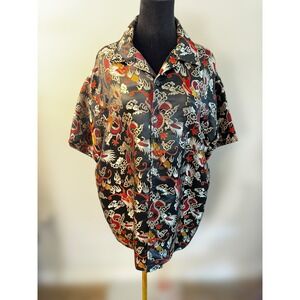 Vintage Street Culture 1990s Shirt M Black Sliver Asian Dragon Print Rave Grunge